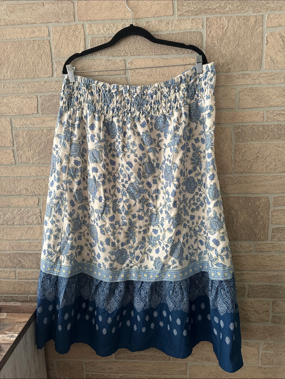 J.Jill Smocked-Waist Printed Midi Maxi  floral and paisley Linen Blend Skirt XL